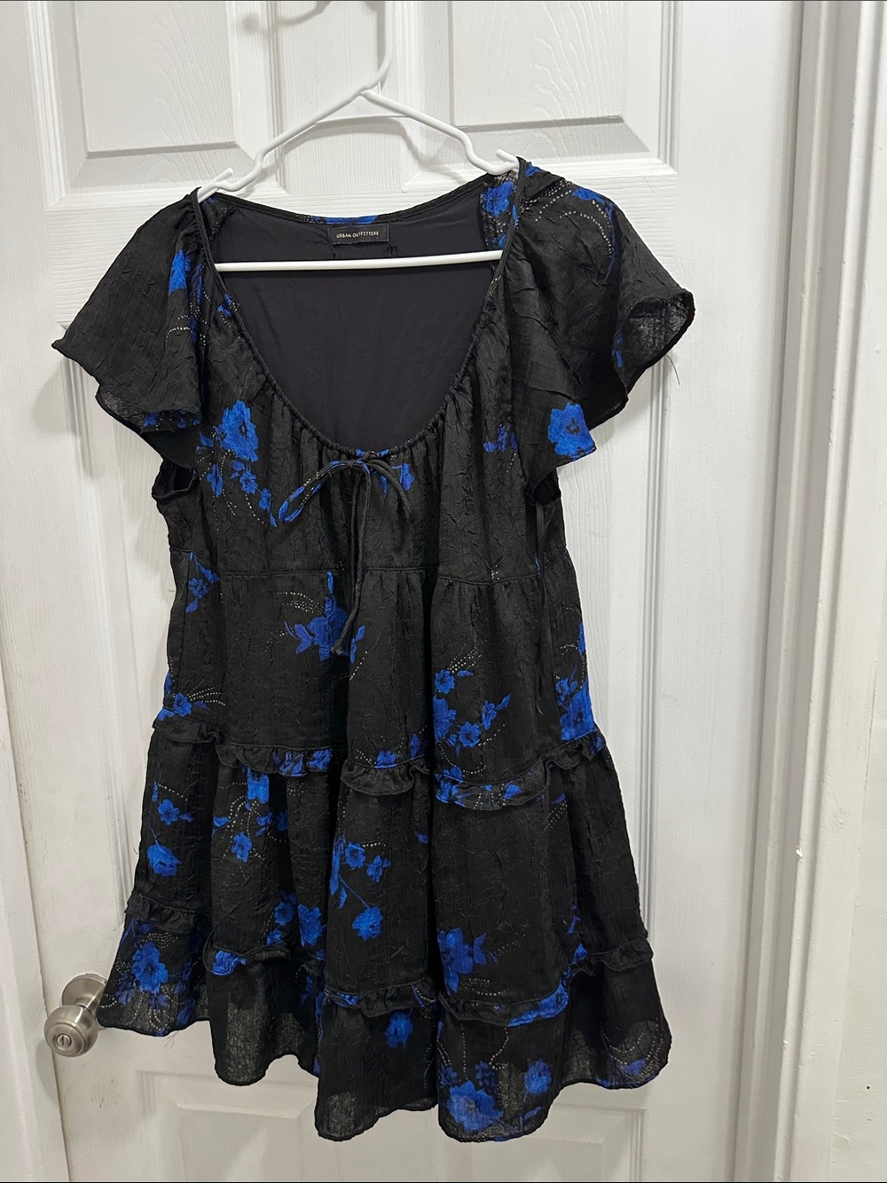 Urban Outfitters Black Top with Blue Floral Tie-Front Tiered Tunic